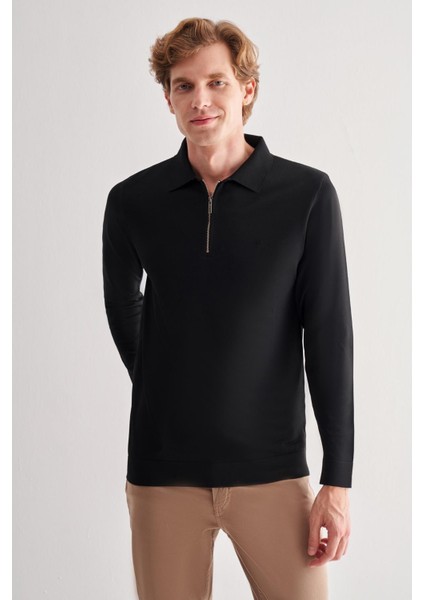 Siyah Uzun Kol Fermuarlı Yaka Cepsiz Slim Fit Triko 1012255150