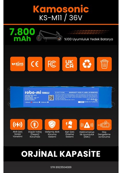 Kamosonic KS-M11 / 36V 7800MAH Elektrikli Scooter Bataryası - Yüksek Yoğunluklu Li-Ion Hücre modelleri