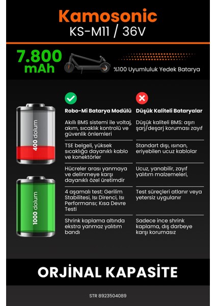 Kamosonic KS-M11 / 36V 7800MAH Elektrikli Scooter Bataryası - Yüksek Yoğunluklu Li-Ion Hücre
