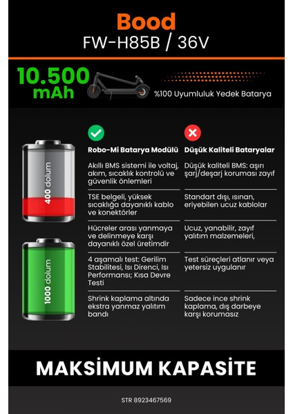 Bood FW-H85B / 36V 10500MAH Elektrikli Scooter Bataryası - Gerçek Kapasite, Maksimum Güvenlik