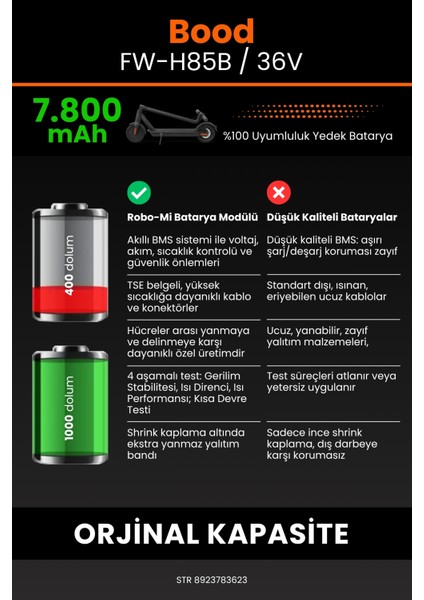 Bood FW-H85B / 36V 7800MAH Elektrikli Scooter Bataryası - Gerçek Kapasite, Maksimum Güvenlik