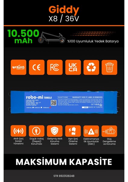 Giddy X8 / 63V 10500MAH Elektrikli Scooter Bataryası - Koruma Katmanlı Batarya Teknolojisi modelleri