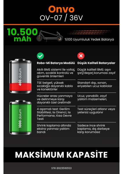 Onvo Ov-07 / 36V 10500MAH Elektrikli Scooter Bataryası - Gerçek Kapasite, Maksimum Güvenlik