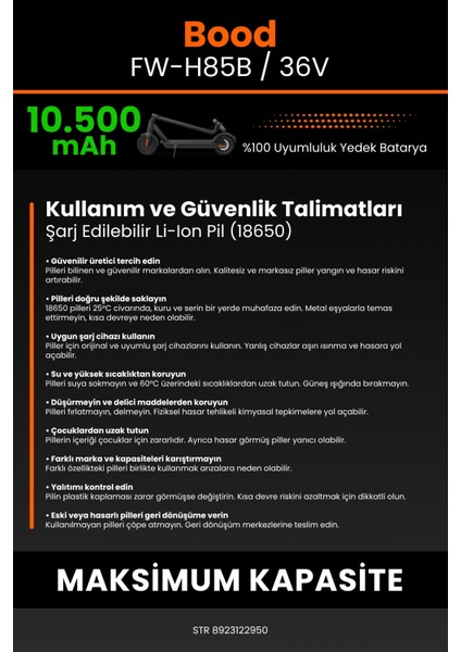 Bood FW-H85B / 36V 10500MAH Elektrikli Scooter Bataryası - Koruma Katmanlı Batarya Teknolojisi