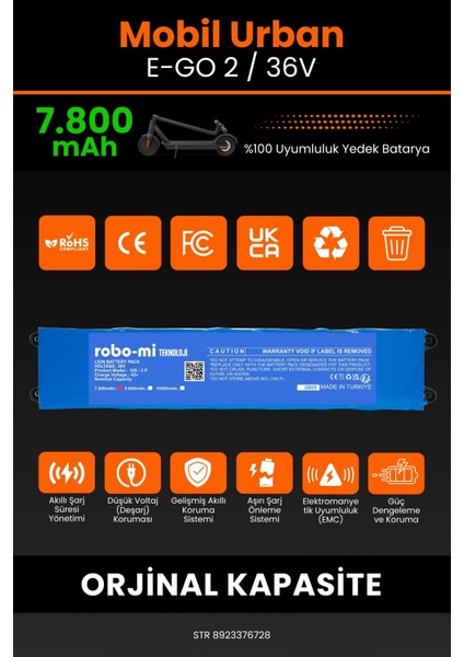 Mobil Urban E-Go 2 / 36V 7800MAH Elektrikli Scooter Bataryası - Gerçek Kapasite, Maksimum Güvenlik modelleri
