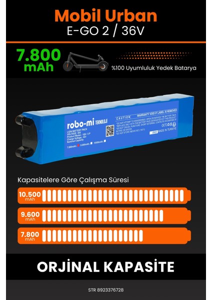 Mobil Urban E-Go 2 / 36V 7800MAH Elektrikli Scooter Bataryası - Gerçek Kapasite, Maksimum Güvenlik fırsatları