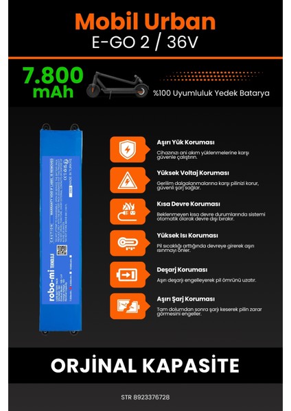 Mobil Urban E-Go 2 / 36V 7800MAH Elektrikli Scooter Bataryası - Gerçek Kapasite, Maksimum Güvenlik indirimleri