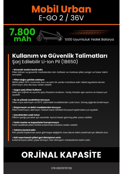 Mobil Urban E-Go 2 / 36V 7800MAH Elektrikli Scooter Bataryası - Gerçek Kapasite, Maksimum Güvenlik