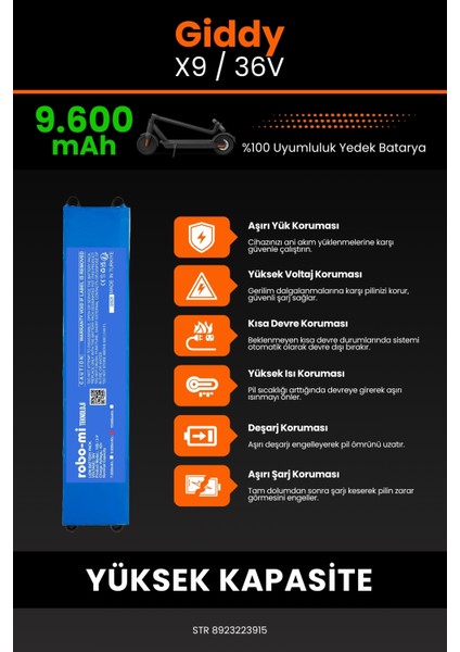 Giddy X9 / 36V 9600MAH Elektrikli Scooter Bataryası - Yüksek Yoğunluklu Li-Ion Hücre indirimleri