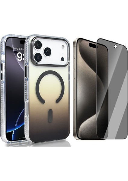 iPhone 17 Pro Max Kılıf M-safe Şarj Özellikli Transparan Renk Geçişli Zore Toros Kapak + Hayalet Ekran Koruyucu