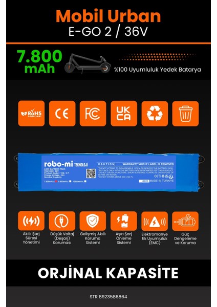 Mobil Urban E-Go 2 / 36V 7800MAH Elektrikli Scooter Bataryası - Sertifikalı Güvenlik modelleri