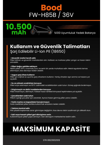 Bood FW-H85B / 36V 10500MAH Elektrikli Scooter Bataryası - Yüksek Yoğunluklu Li-Ion Hücre