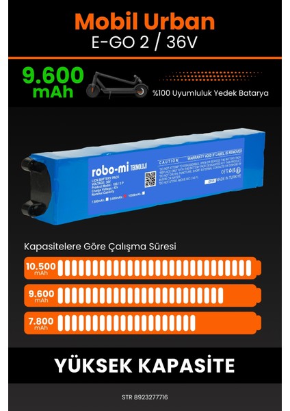 Mobil Urban E-Go 2 / 36V 9600MAH Elektrikli Scooter Bataryası - Gerçek Kapasite, Maksimum Güvenlik fırsatları