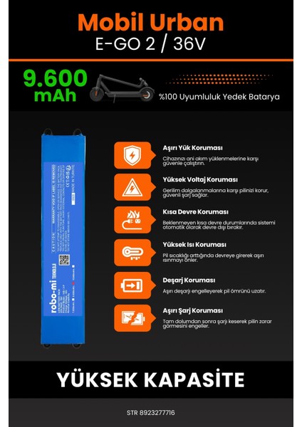 Mobil Urban E-Go 2 / 36V 9600MAH Elektrikli Scooter Bataryası - Gerçek Kapasite, Maksimum Güvenlik indirimleri