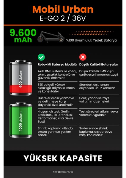 Mobil Urban E-Go 2 / 36V 9600MAH Elektrikli Scooter Bataryası - Gerçek Kapasite, Maksimum Güvenlik