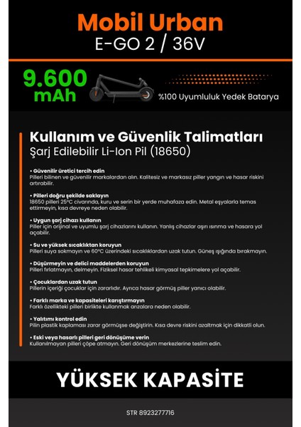 Mobil Urban E-Go 2 / 36V 9600MAH Elektrikli Scooter Bataryası - Gerçek Kapasite, Maksimum Güvenlik