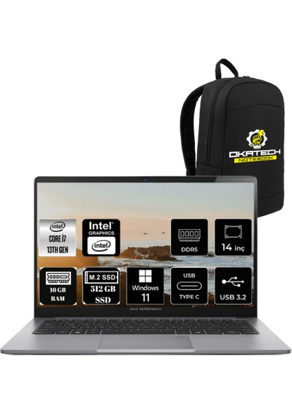 Expertbook P1 Intelcore I7 13620H 16GB 512GB SSD 14"fhd WIN11PRO Dizüstü Bilgisayar & Okatechçanta