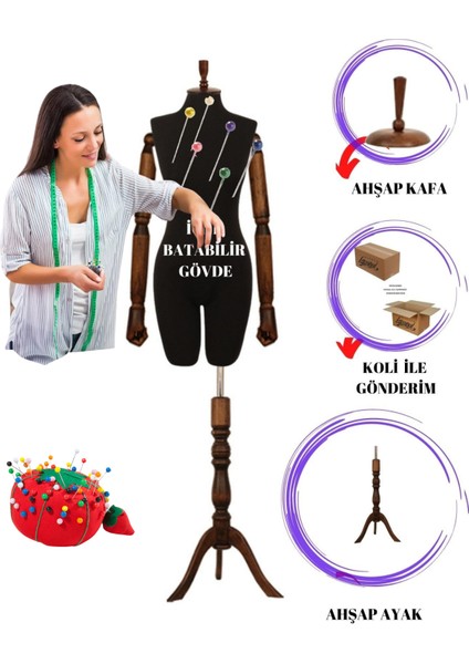 Full Iğne Batabilen 38 Beden Ahşap Kollu Pantolon Giyebilen Prova Mankeni Vitrin Mankeni An-01