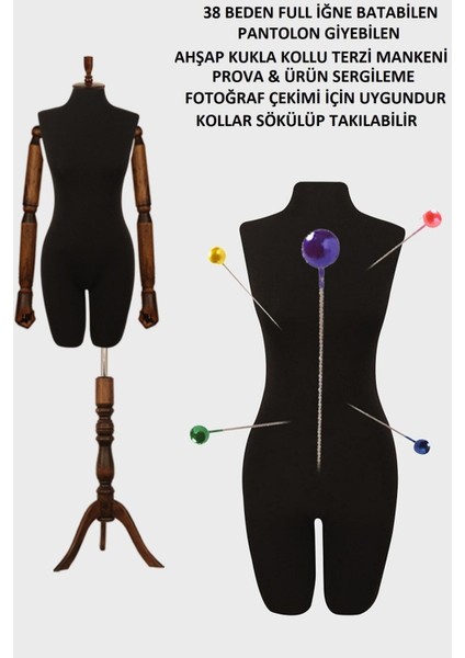 Full Iğne Batabilen 38 Beden Ahşap Kollu Pantolon Giyebilen Prova Mankeni Vitrin Mankeni An-01 modelleri