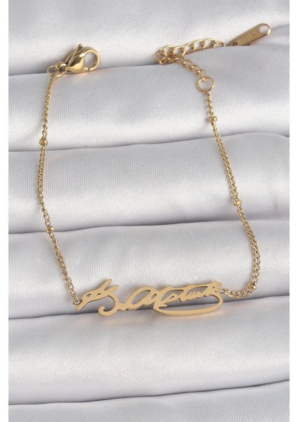 316L Çelik Gold Renk Atatürk Imza Model Kadın Bileklik - TJ-BB6659