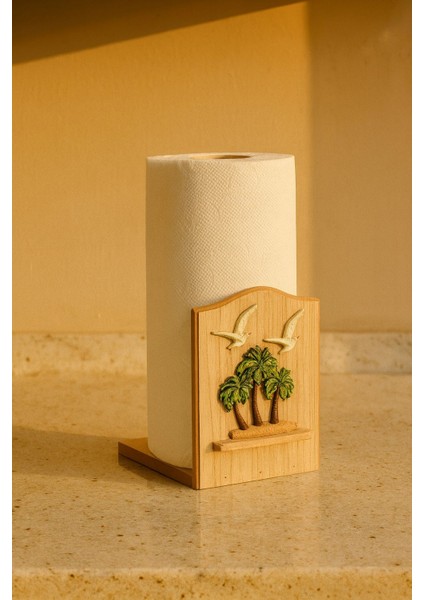 Ahşap Kağıt Havlu Tutucu – Dekoratif Palmiye ve Martı Motifli Mutfak Aksesuarı BR-6626