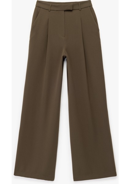 Krep Kumaş Pile Detaylı Cepli Yüksek Bel Palazzo Pantolon modelleri