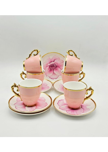 Vintage Pembe Çiçekli Porselen Kahve Fincan 12 Parça & 6 Kişilik