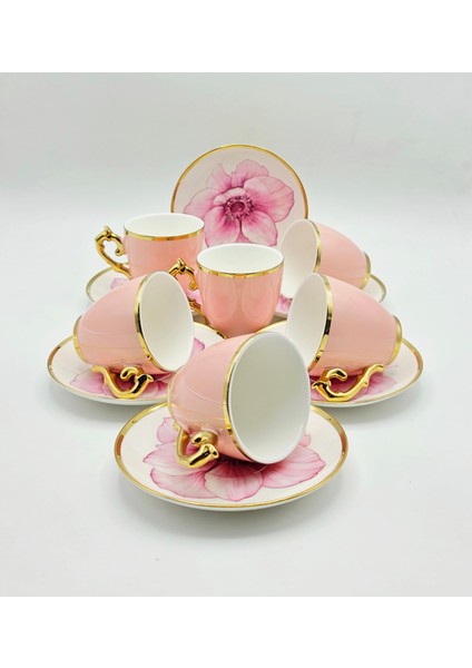 Vintage Pembe Çiçekli Porselen Kahve Fincan 12 Parça & 6 Kişilik modelleri