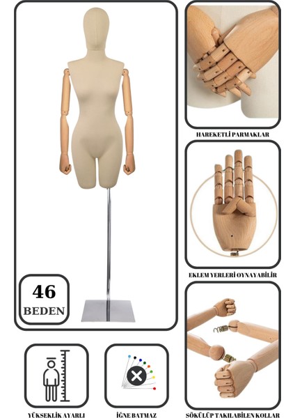 46 Beden Ahşap Kollu Iğne Batmaz Vitrin Amaçlı Terzi Mankeni Vitrin Mankeni Metal Ayaklı Kafalı