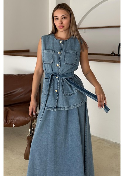 Cep Detaylı Yelek Etek Denim Takım Mavi 9377-TK fırsatları