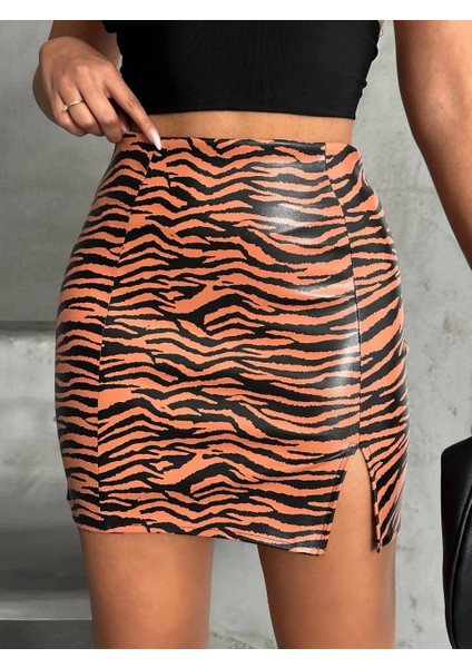 Tek Yırtmaçlı Zebra Desenli Deri Etek Kahvesiyah W24475-S