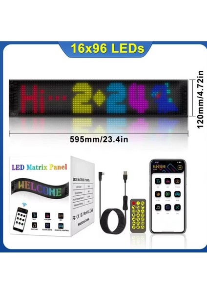 LED Matrix Bluetooth Bağlantılı Araç Camına Uygun Pixsel Görünümlü 16X96 modelleri