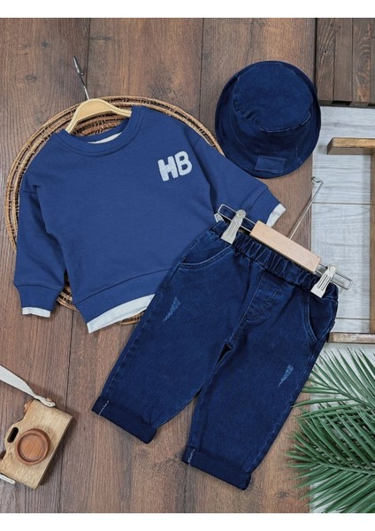 Kot Pantolon Çift Taraflı Şapka Nakışlı Likralı Sweatshirt 3 Lü Erkek Bebek Takım