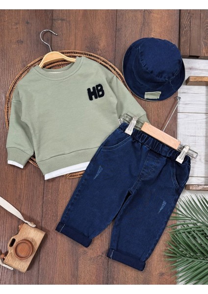 Kot Pantolon Çift Taraflı Şapka Nakışlı Likralı Sweatshirt 3 Lü Erkek Bebek Takım