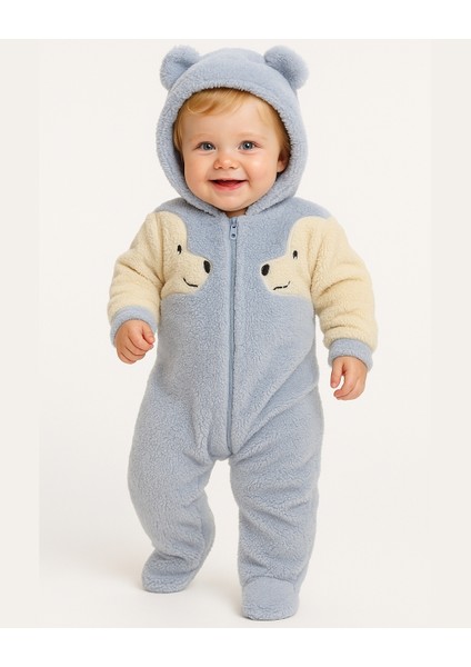 Welsoft Peluş Figürlü Kapüşonlu Mavi Bebek Tulum (0-12 Ay)