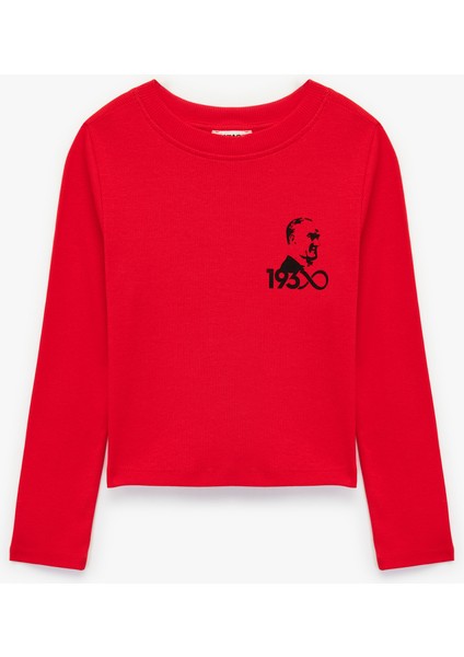 Bisiklet Yaka Uzun Kollu Pamuklu Atatürk Baskılı Tişört