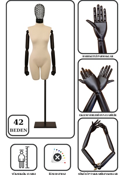 42 Beden Yüksek Kalite Tel Kafalı Ahşap Kollu Pantolon Giyebilen Terzi Mankeni