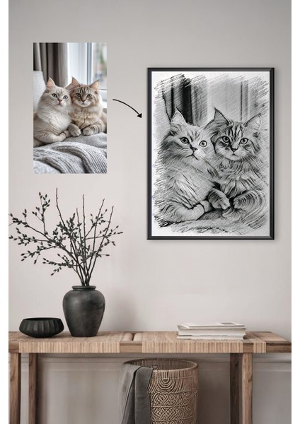 Kişiye Özel Sketch Stil Çerçeve, Karakalem Görünümlü Lamine Çerçeveli Fotoğraf Baskı Tablo