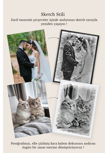 Kişiye Özel Sketch Stil Çerçeve, Karakalem Görünümlü Lamine Çerçeveli Fotoğraf Baskı Tablo fiyatları