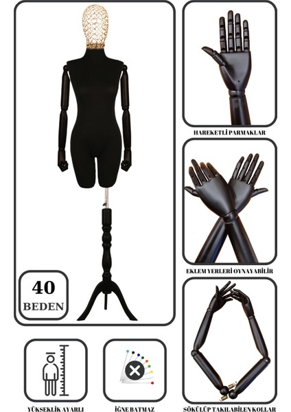 40 Beden Yüksek Kalite Tel Kafalı Ahşap Kollu Pantolon Giyebilen Terzi Mankeni