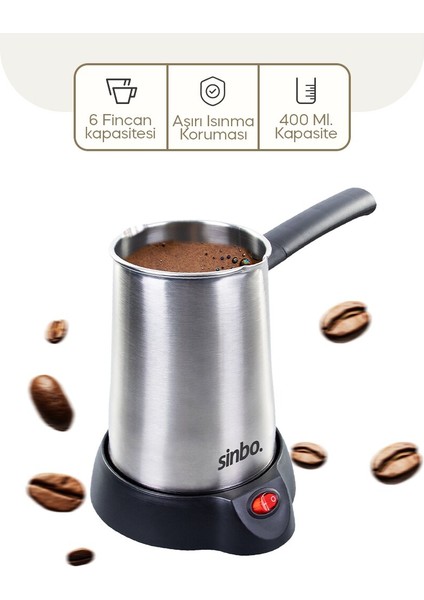 Çelik Elektrikli Cezve Türk Kahve Makinesi - 6FİNCAN=400ML Çift Yönlü Dökme Ağız 360 Derece Dönebilen Taban SCM-2958 (5263)