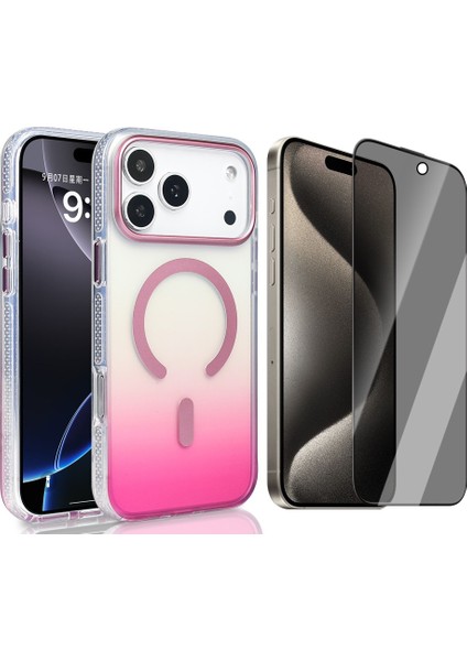 iPhone 17 Pro Max Kılıf M-safe Şarj Özellikli Transparan Renk Geçişli Zore Toros Kapak + Hayalet Ekran Koruyucu