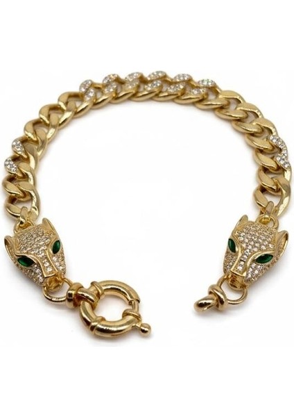 925 Ayar Gümüş Kaplan Başlı Künye Gold Bileklik