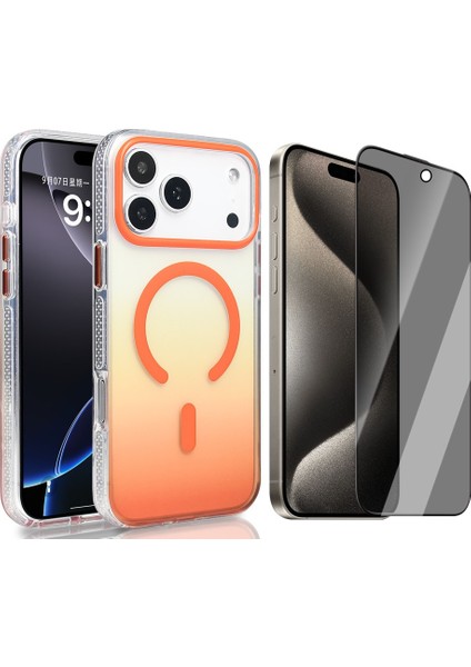 iPhone 17 Pro Max Kılıf M-safe Şarj Özellikli Transparan Renk Geçişli Zore Toros Kapak + Hayalet Ekran Koruyucu