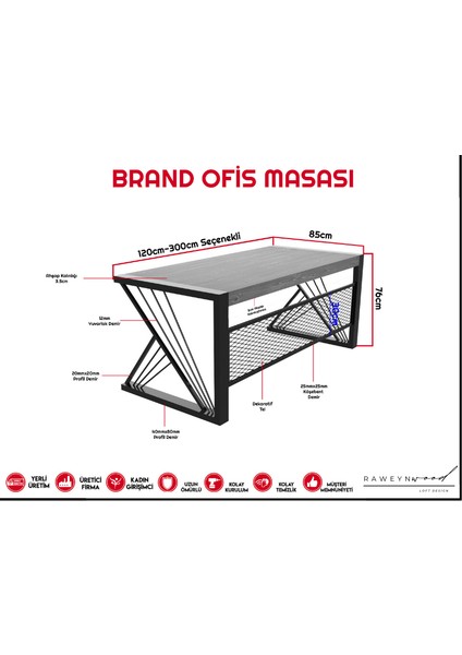 Masif Ahşap Ofis Bilgisayar Masası 200*85*76 cm-Siyah Metal Ayak- Game Desk fırsatları