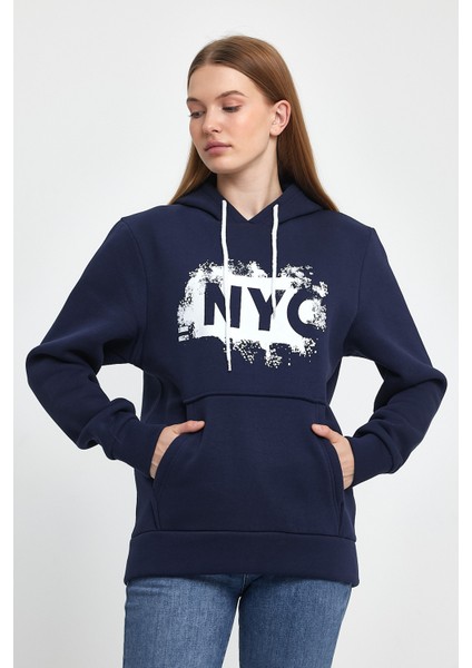Kadın Kapşonlu Rahat Kalıp Içi Polarlı 3 Iplik Nyc Baskılı Sweatshırt SPR24SWK09 modelleri