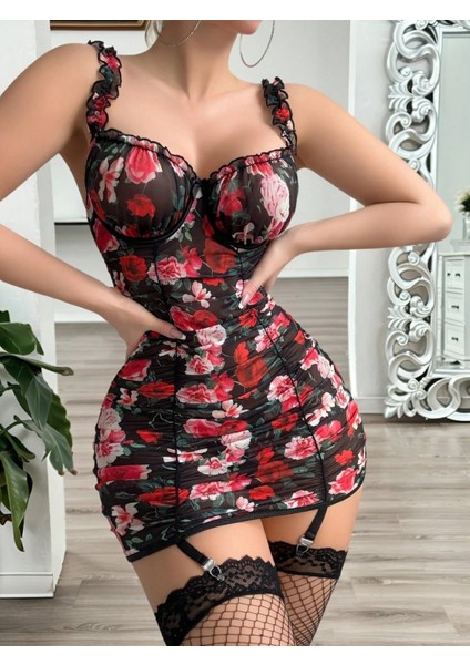 La Vıor Style La Vıor Kırmızı Çiçek Aksesuarlı Romantik Kadın Gecelik( Çoraplar Dahil Değildir ) modelleri