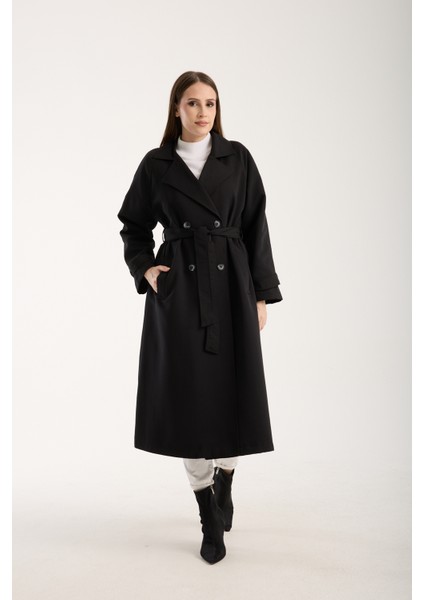 Siyah Kemerli Oversize Astarlı Trençkot 46159