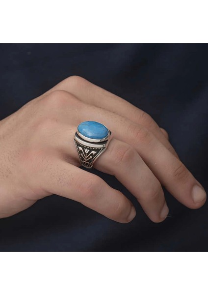 Gümüş Zirkon Turkuaz Taşlı Oval Erkek Yüzük