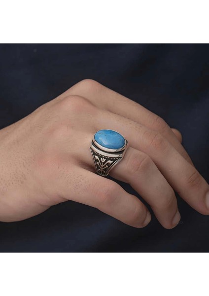 Gümüş Zirkon Turkuaz Taşlı Oval Erkek Yüzük fiyatları